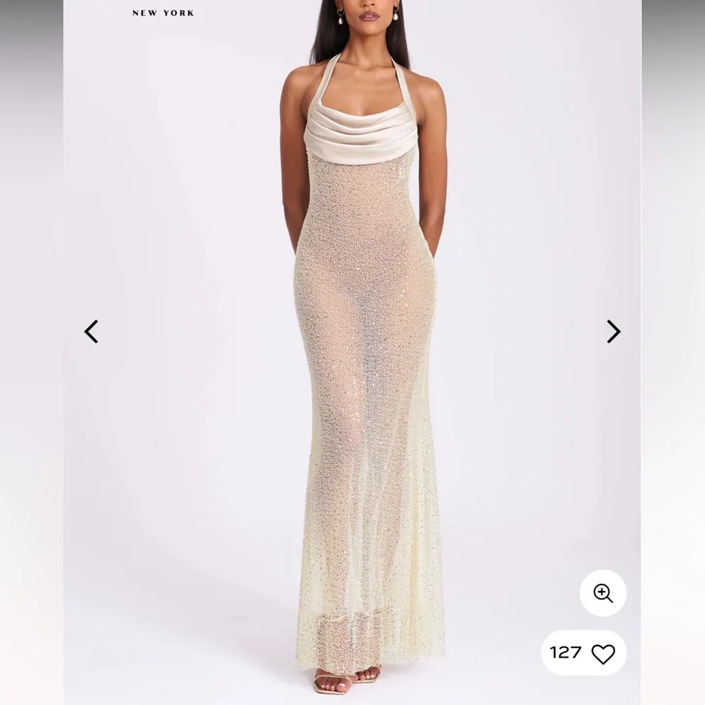 Zahya Lime Halter Backless Beaded Mesh Gown - Picture 4 of 7